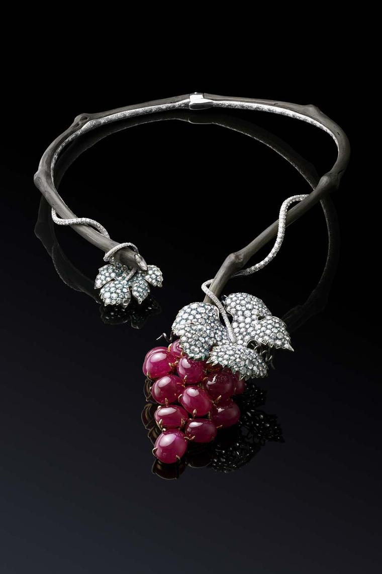 Why Not Sky gold Grape necklace featuring carbonium, titanium, diamonds and antique burmese rubies.