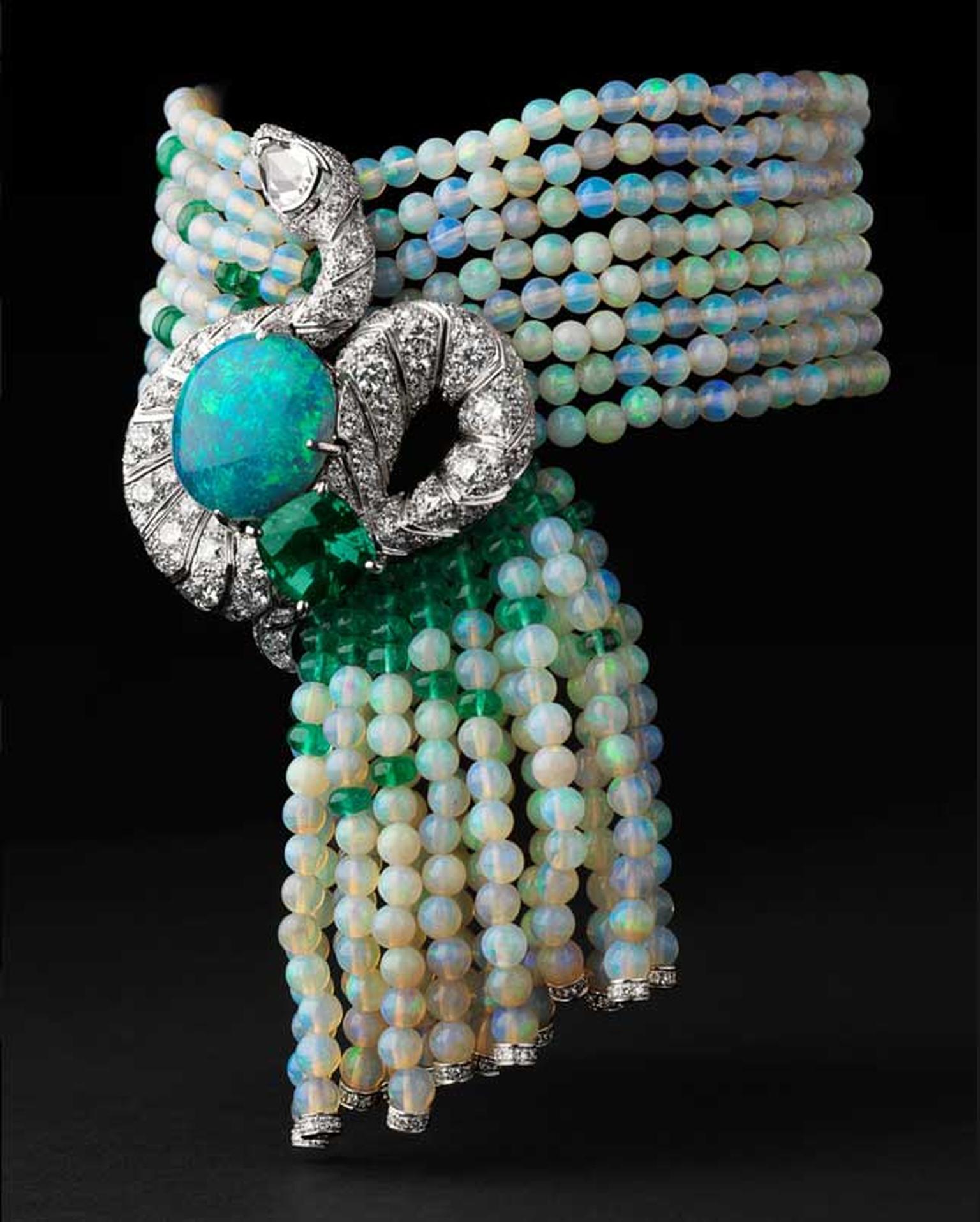 Cartier Luxuriant bracelet in platinum with one 8.02ct opal, one 3.43ct chrysoberyl, one rose-cut diamond, opal beads, emerald beads, emerald eyes and brilliant diamonds