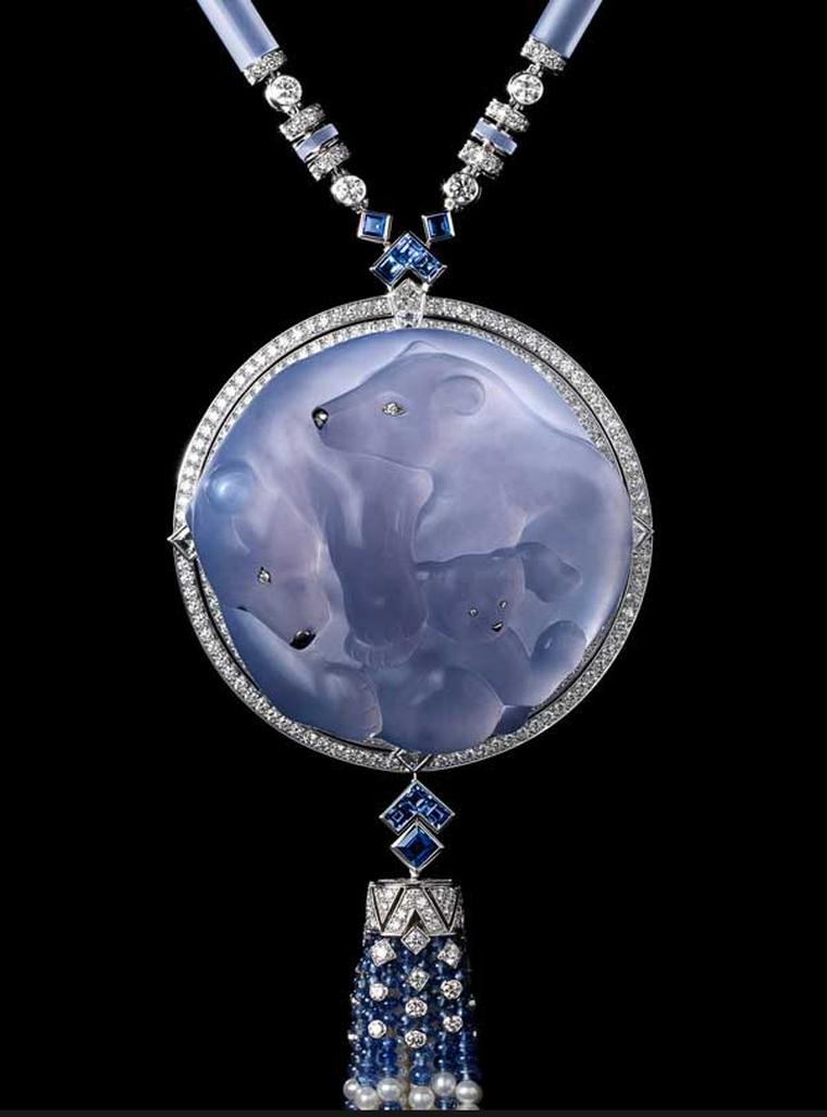 Cartier Boreal Necklace in platinum with a sculpted blue chalcedony, sapphires, fresh-water pearls, square-shaped diamonds, brilliants