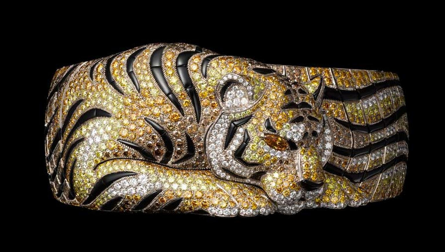 Cartier Solar tiger bracelet in white gold with brown, orange and yellow diamonds, onyx, yellow-orange diamond eyes, brilliants