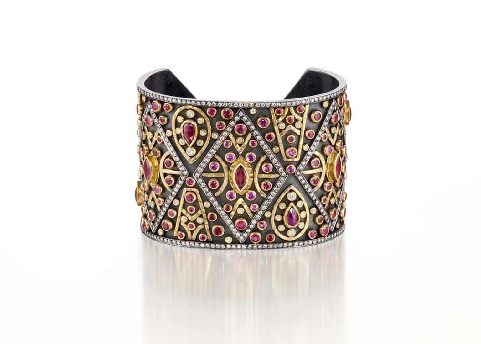 Annie Fensterstock gold and blackened silver Cleopatra cuff featuring diamonds, rubies and pink sapphires.