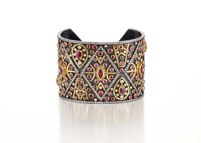 Annie Fensterstock gold and blackened silver Cleopatra cuff featuring diamonds, rubies and pink sapphires.