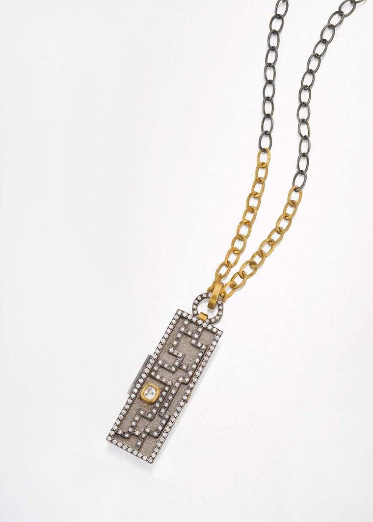 Annie Fensterstock blackened silver, white and yellow gold Maze locket with diamonds.