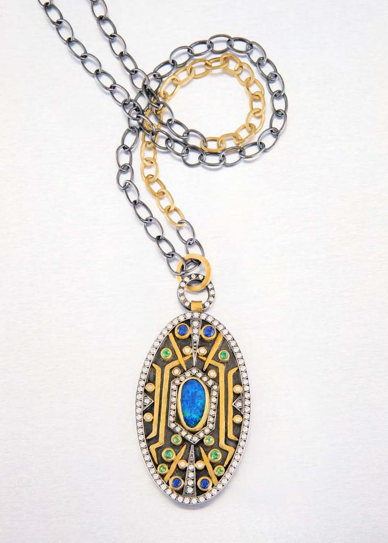 Annie Fensterstock gold and blackened silver Empire pendant featuring diamonds, sapphires, emeralds and opal.
