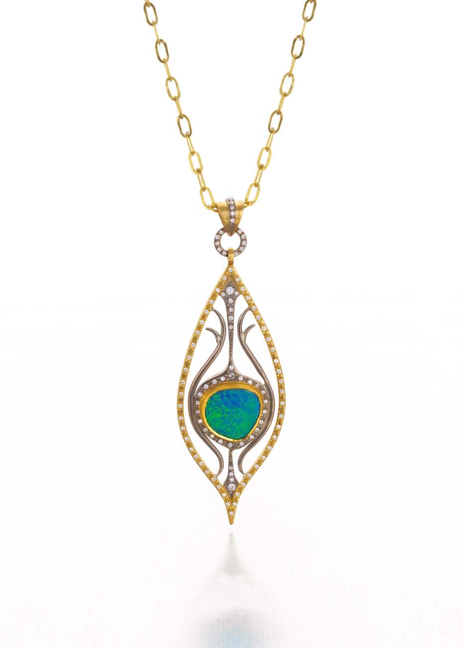 Annie Fensterstock yellow and white gold Peacock pendant featuring diamonds and a centre opal.