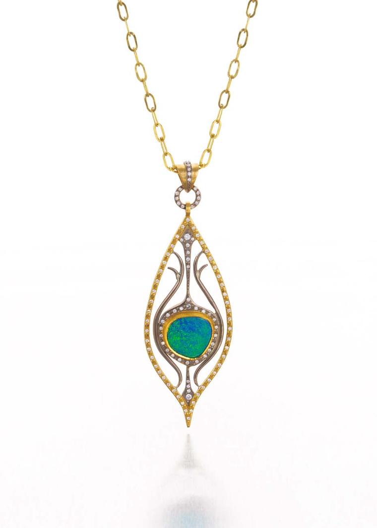 Annie Fensterstock yellow and white gold Peacock pendant featuring diamonds and a centre opal.
