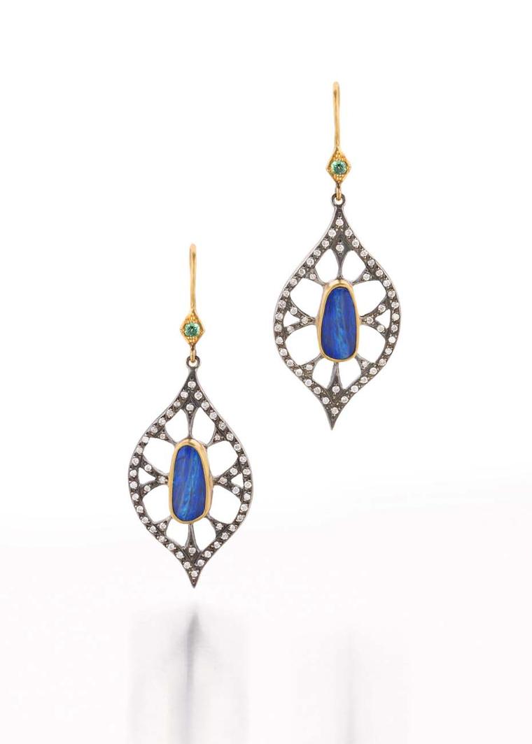 Annie Fensterstock gold and blackened silver Web earrings featuring opals and diamonds.