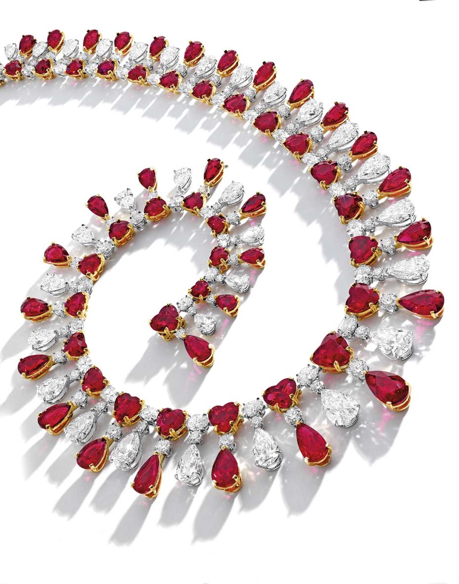 The Red Emperor necklace featuring Burmese rubies and diamonds. The rubies include fine needle-shaped inclusions, which perfectly diffuse light and is further enhanced by brilliant-cut, pear-shaped and oval diamonds. Sold at Sotheby's Hong Kong for US$9,9