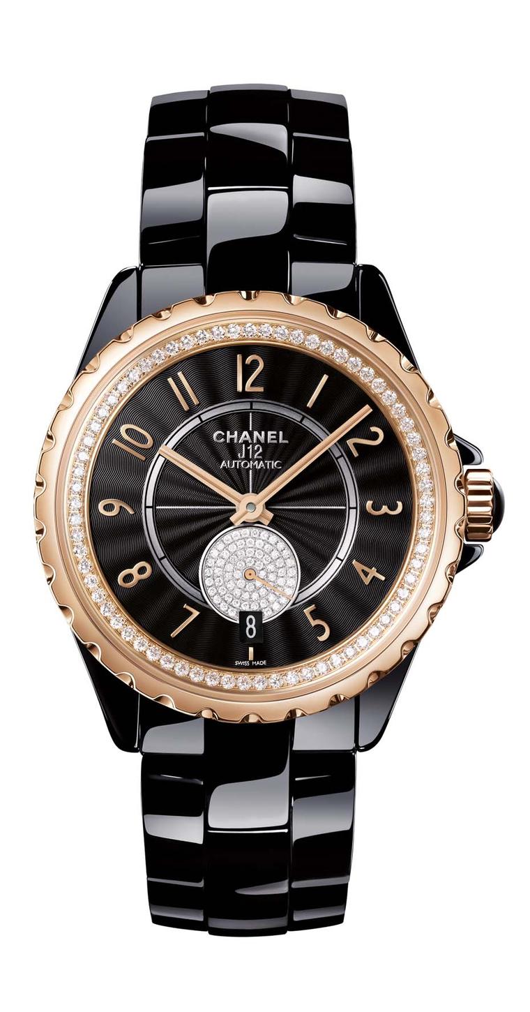 Chanel J12-365 black high-tech ceramic watch featuring beige gold, an alloy exclusive to Chanel as well as a Guilloche´-finished black dial and and diamonds within the inner bezel and small seconds.