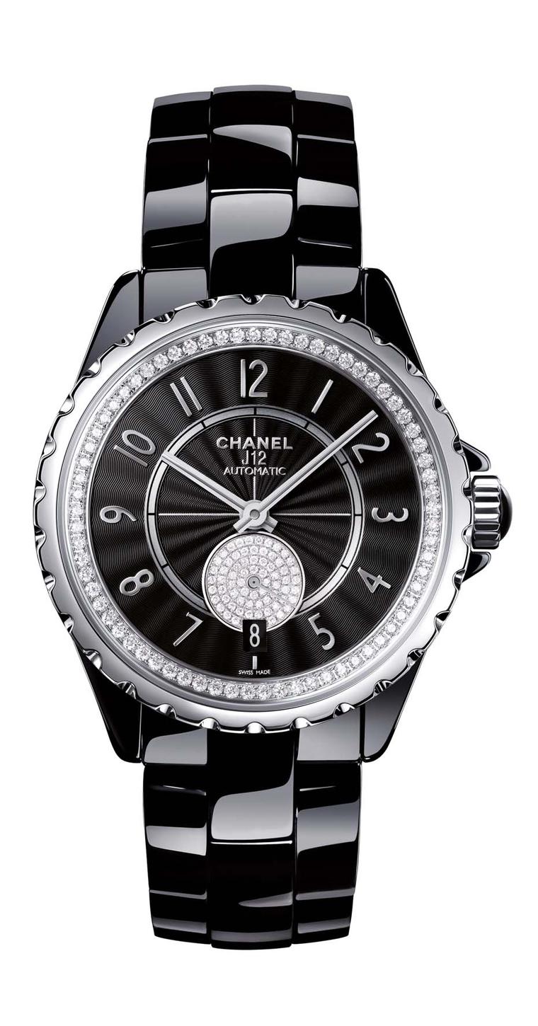 Chanel J12-365 stainless steel watch in black high-tech ceramic featuring a Guilloche´-finished black dial and diamonds within the inner bezel and small seconds.
