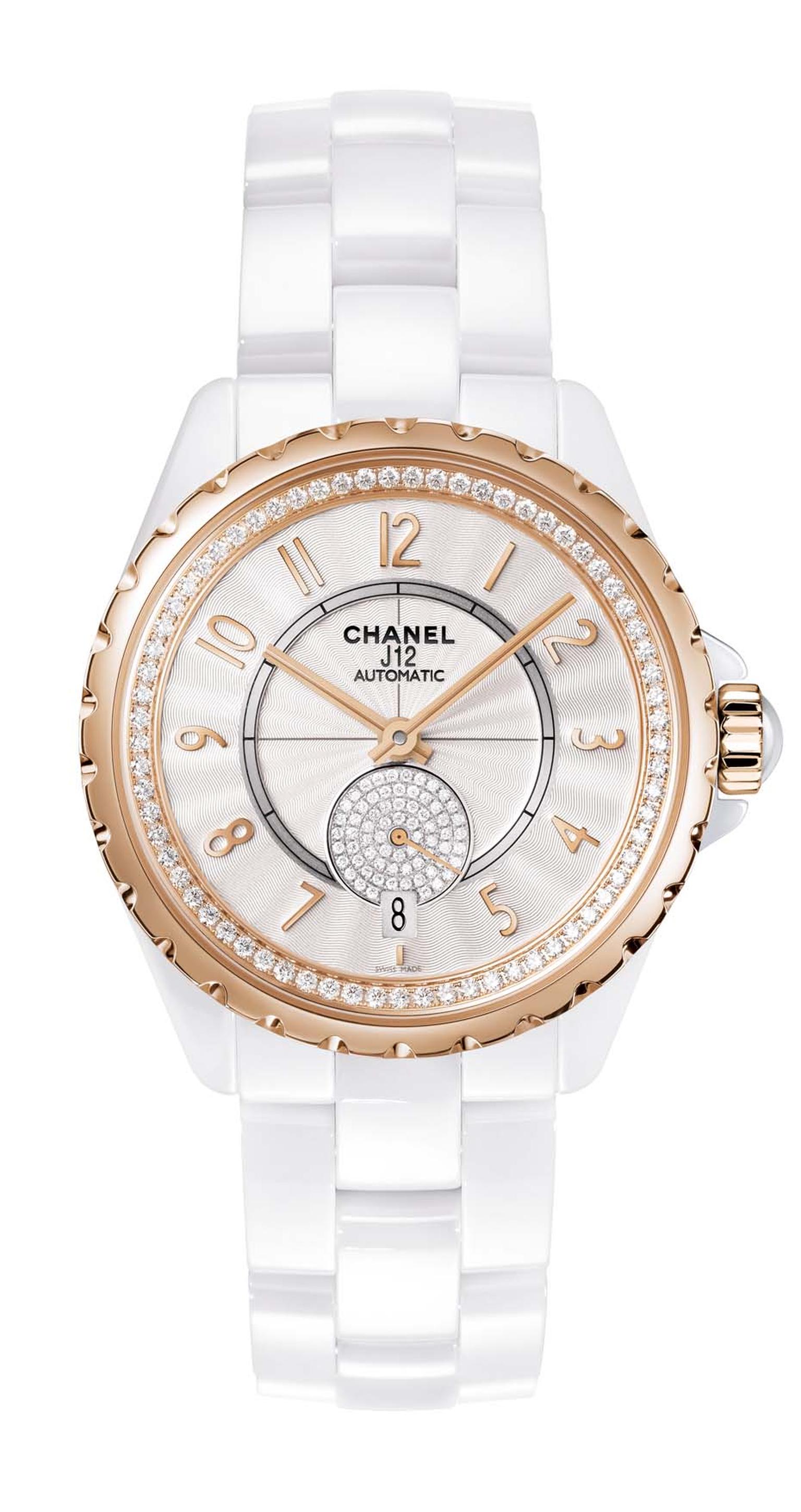 Chanel J12-365 white high-tech ceramic watch featuring beige gold, an alloy exclusive to Chanel as well as a Guilloche´-finished white dial and diamonds within the inner bezel and small seconds.