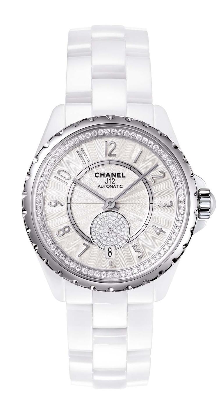 Chanel J12-365 steel watch in white high-tech ceramic featuring a Guilloche´-finished opaline dial and diamonds within the inner bezel and small seconds.