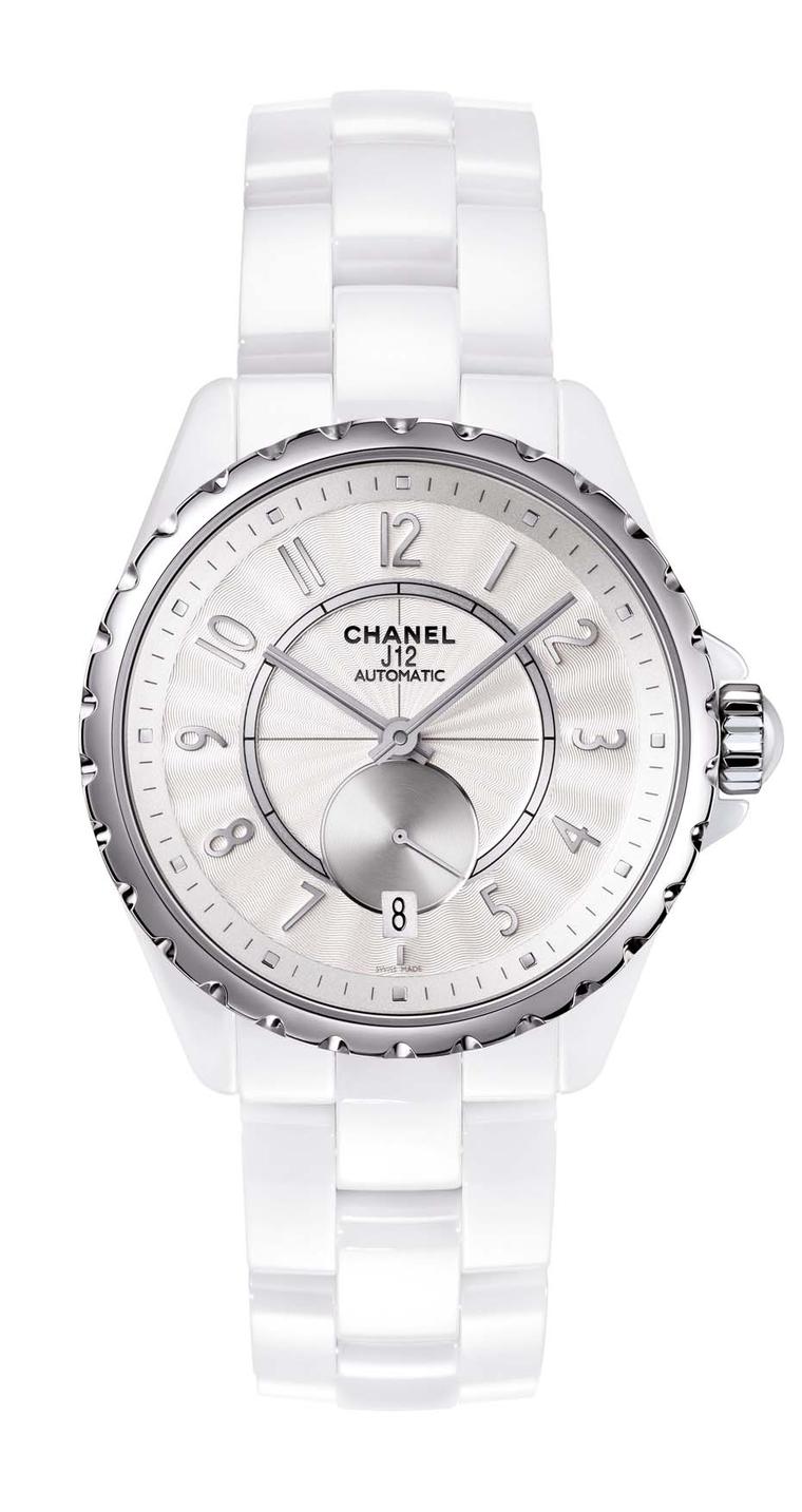 Chanel J12-365 steel watch in white high-tech ceramic featuring a Guilloche´-finished opaline dial.