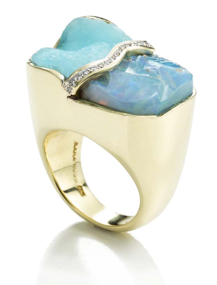 Kara Ross Petra Split ring featuring raw blue opal alongside a raw hemimorphite divided by pavé diamonds set in gold