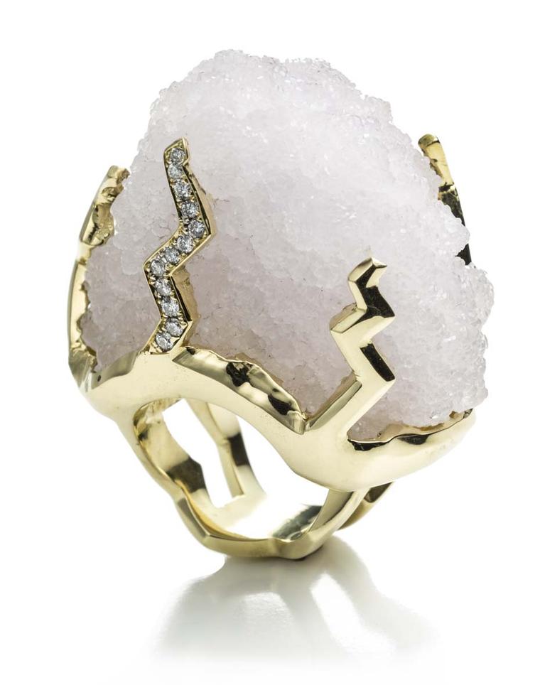 Kara Ross Petra raw white quartz ring with diamonds set in gold