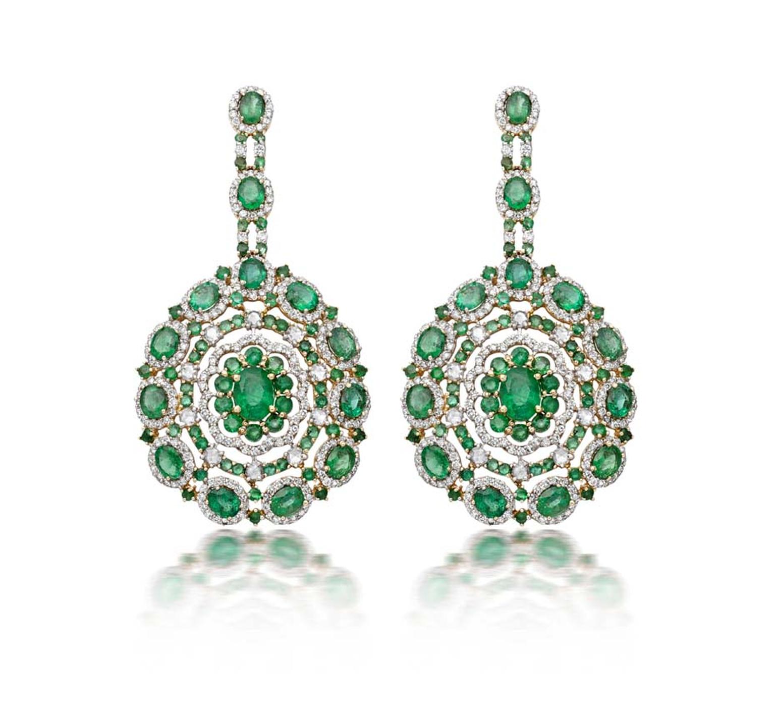 Amrapali gold Floral earrings featuring Zambian emeralds and diamonds