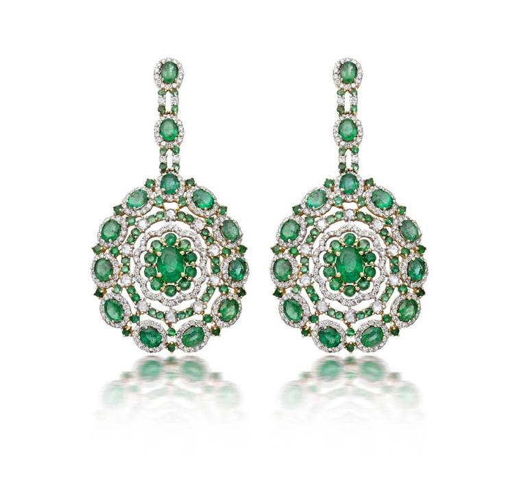 Amrapali gold Floral earrings featuring Zambian emeralds and diamonds