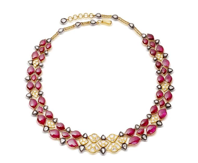 Amrapali gold necklace featuring rubies, diamonds and pearls