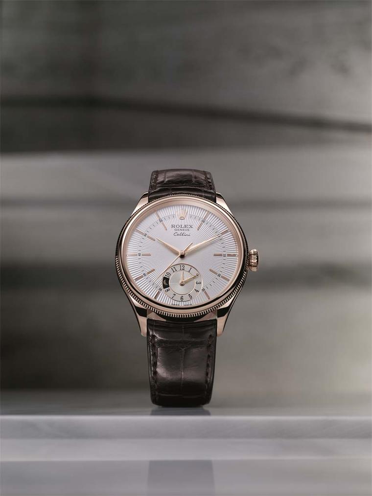 The Rolex Cellini Dual Time indicates the time in two time zones, with a 'sun and moon' day/night indicator at 6 o'clock