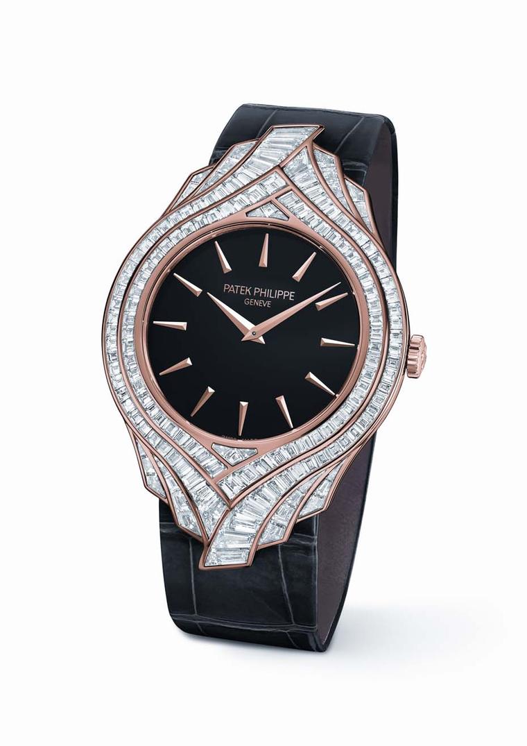 Patek Philippe's Calatrava Haute Joaillere Ref. 4895R watch in rose gold, with a black lacquered dial, rose gold hour markers, takes the contours of the 1932 Calatrava model and adorns them with a diamond collar