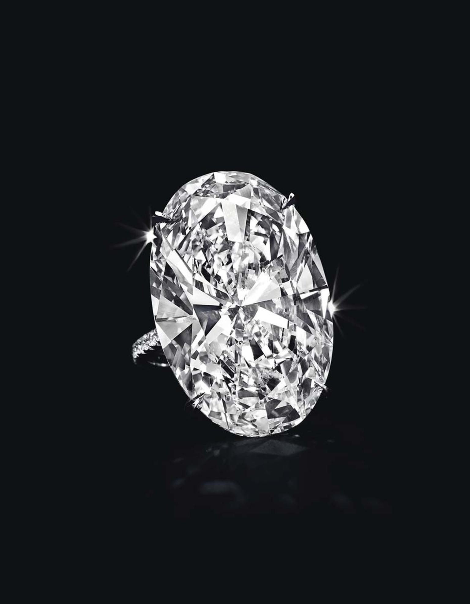 Lot 107, a spectacular diamond and platinum ring, set with an oval-cut diamond weighing approximately 40.43ct, D colour, VVS1 clarity, with excellent polish and excellent symmetry (estimate: $5.8-7.8 million)