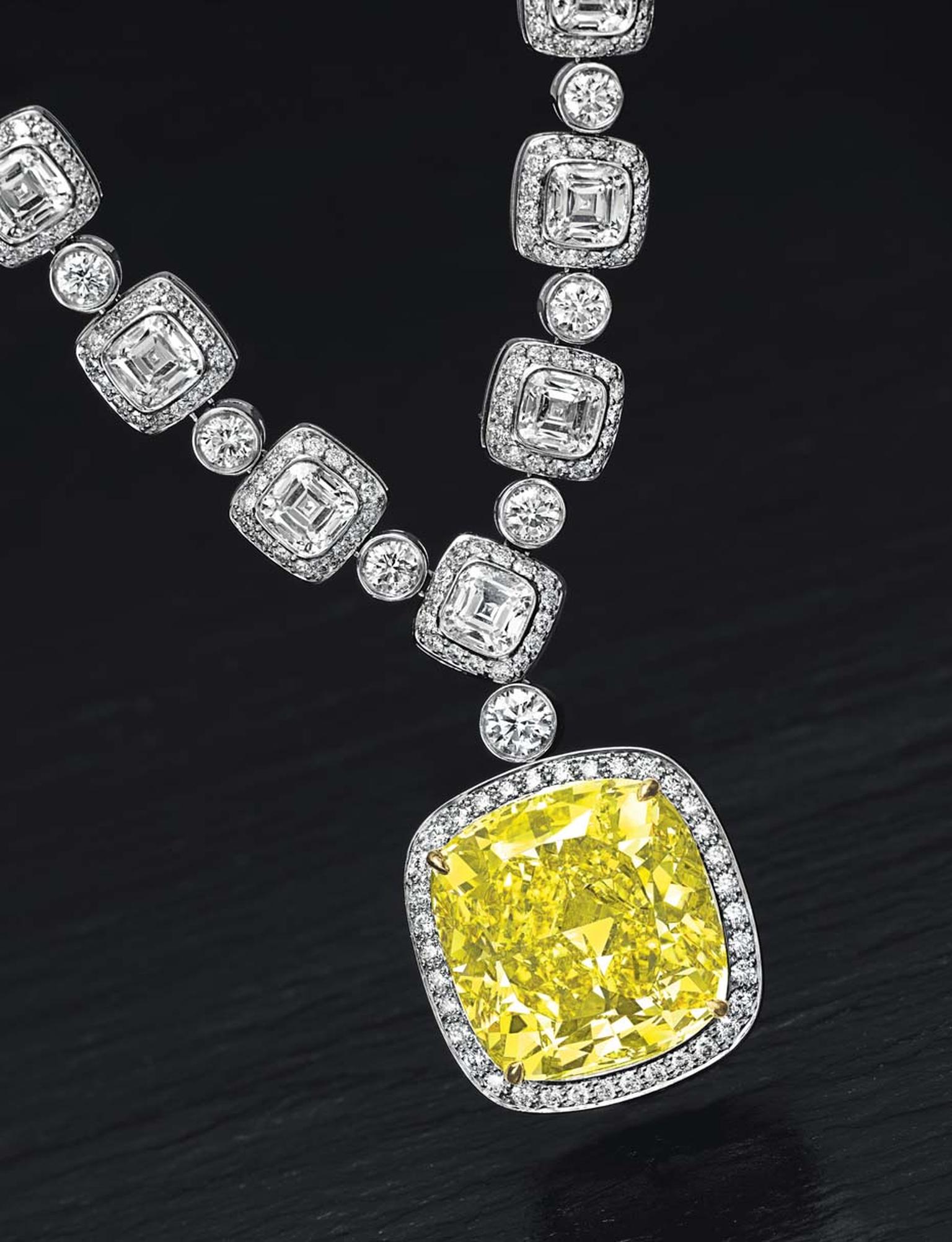 Lot 211, an important coloured diamond and diamond pendant necklace by Tiffany & Co in platinum and gold, set with a modified cushion-cut fancy vivid yellow diamond weighing approximately 20.34ct (estimate: US$1-1.5 million)