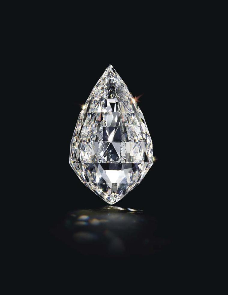 Lot 227, a spectacular diamond pendant necklace, set with a briolette-cut diamond weighing approximately 50.05ct, D color, Flawless clarity, with excellent polish and excellent symmetry, mounted in platinum (estimate: US$5.5-7.5 million)