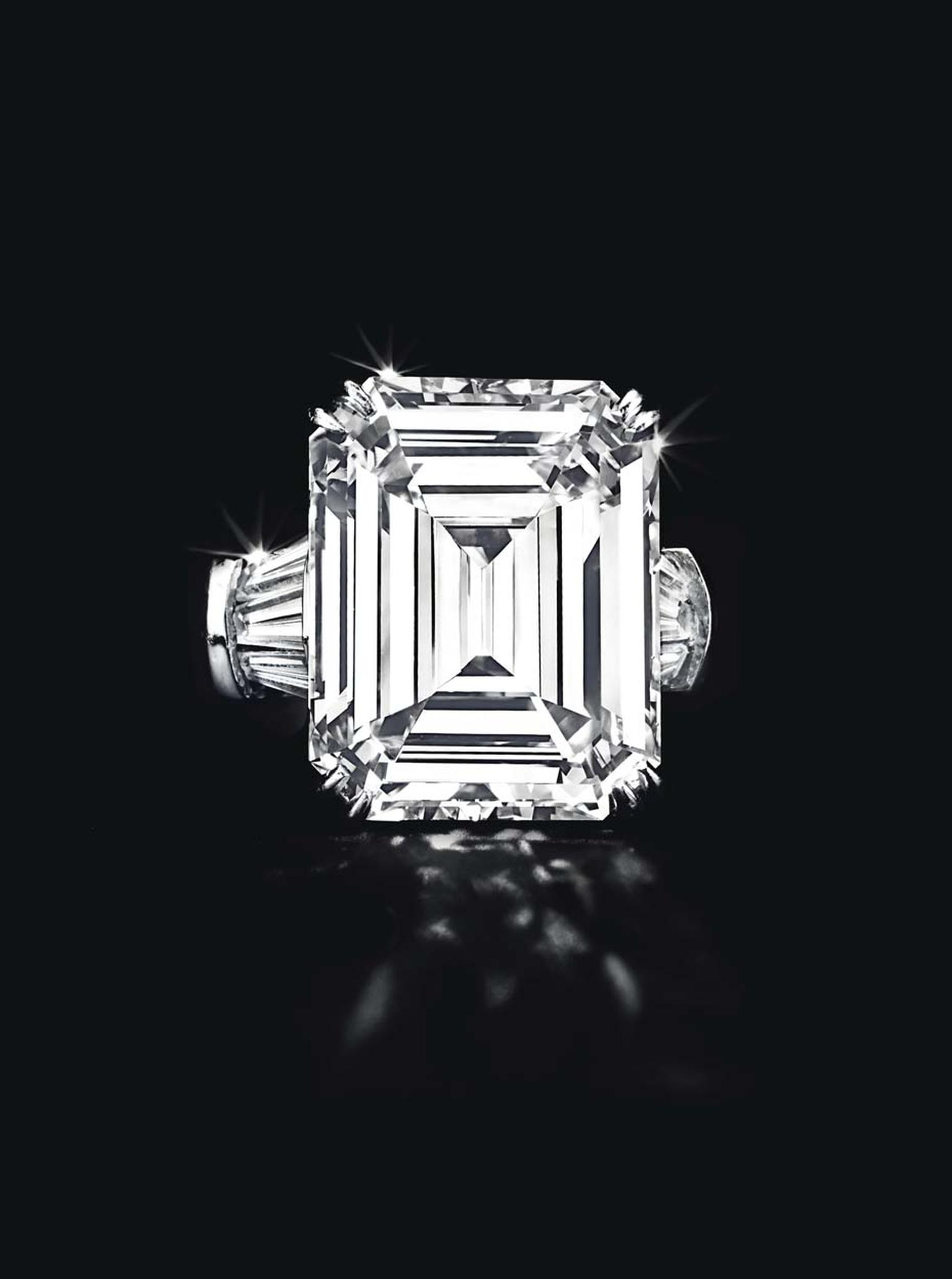 Lot 249, an important diamond ring by Harry Winston, set with a 20.10ct rectangular-cut diamond, flanked by baguette-cut diamonds, mounted in platinum (US$2-3 million)