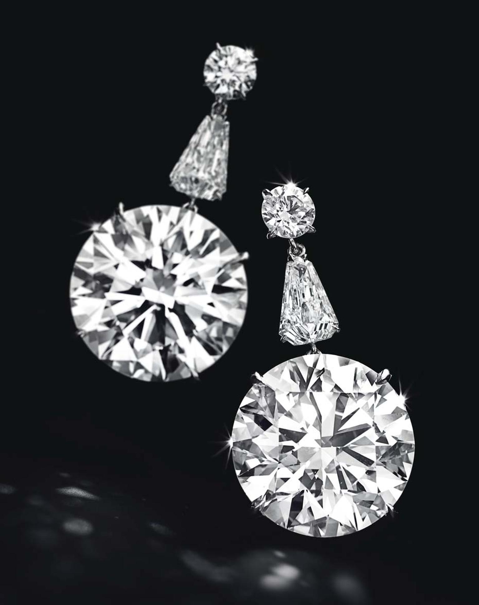 Lot 255, a sensational pair of diamond ear pendants, each set with a circular-cut diamond weighing approximately 22.50 and 22.31ct, mounted in platinum (estimate: US$7-10 million)