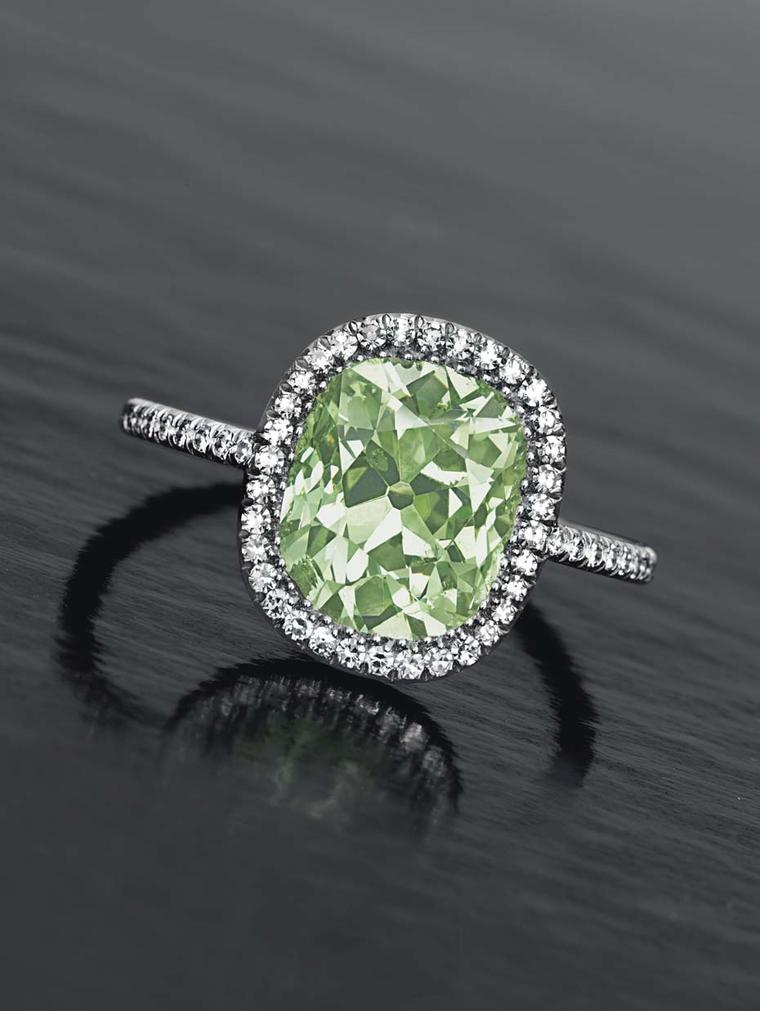 Lot 95, a coloured diamond and diamond ring by JAR, set with an old-mine cut fancy yellowish green diamond weighing approximately 2.49ct, mounted in platinum (estimate: US$300-500,000)