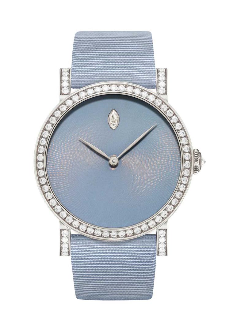 DeLaneau's Rondo Translucent Hoar Frost watch, with a diamond-set bezel. The colour of the guilloché enamel dial is as mysterious as a grayish violet winter morning