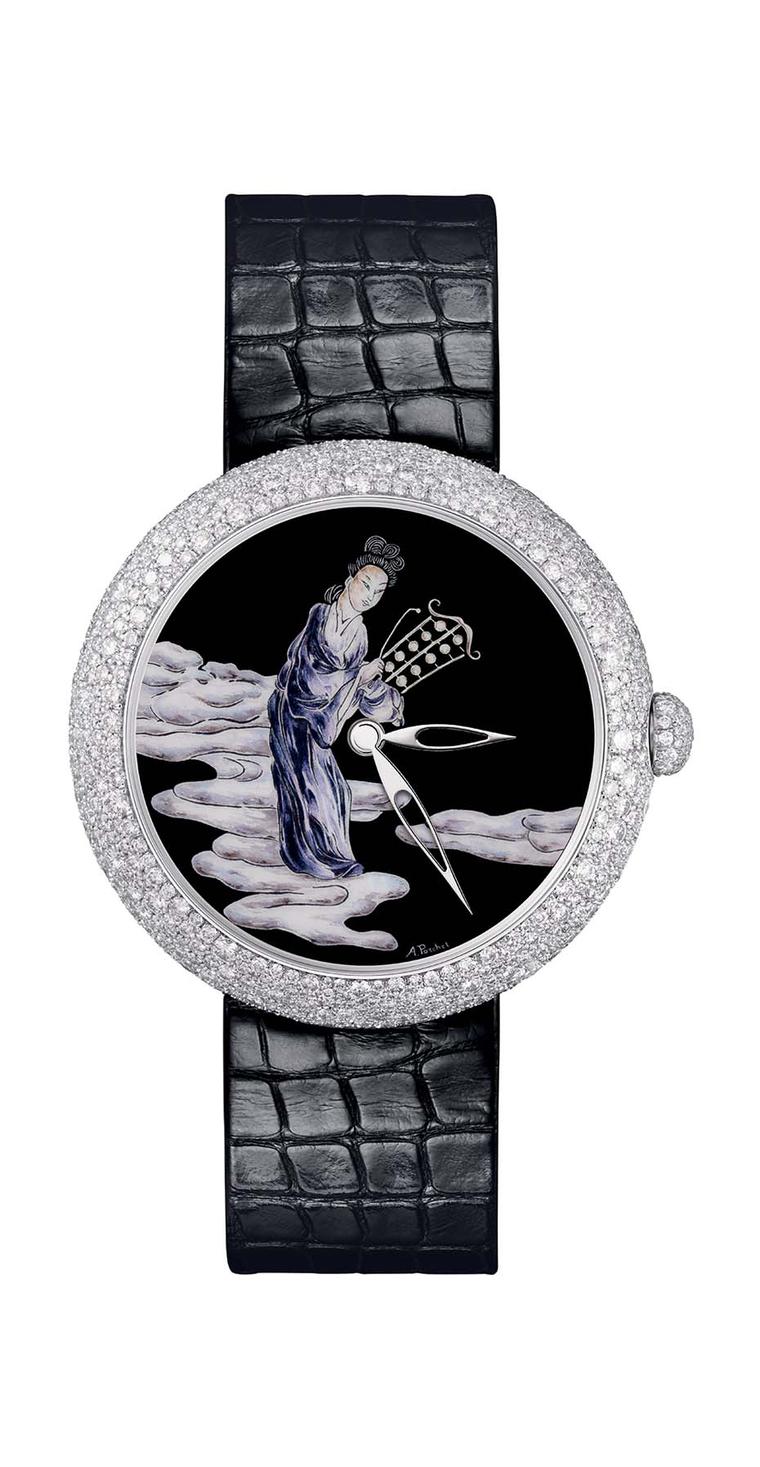 Chanel Mademoiselle Privé Coromandel watch in white gold, one of two watches that form the Coromandel Dial Set, with a Grand Feu enamel dial, snow-set with diamonds