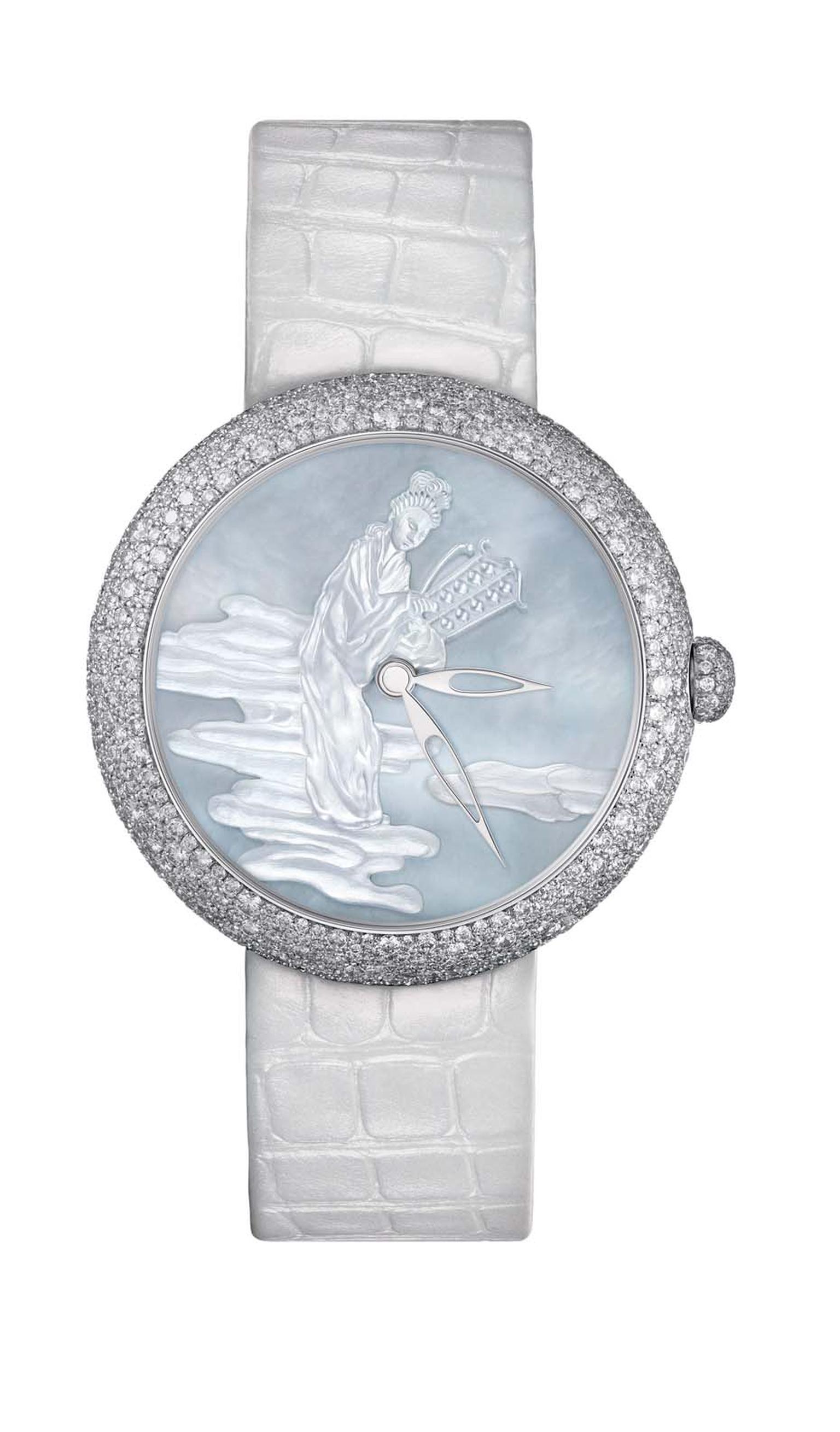 moiselle Privé Coromandel watch in white gold, one of two watches that form the Coromandel Dial Set, with a sculpted mother-of-pearl dial, snow-set with diamonds