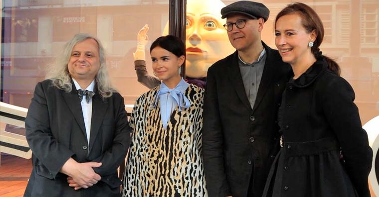 Professor Dr. Rainer Vollkommer, Miroslava Duma, Fabergé's Creative and Managing Director, Katharina Flohrstands and Simon Costin, the designer of the 23 Harrods windows stand outside one of the windows which Fabergé has taken over for its Easter event.