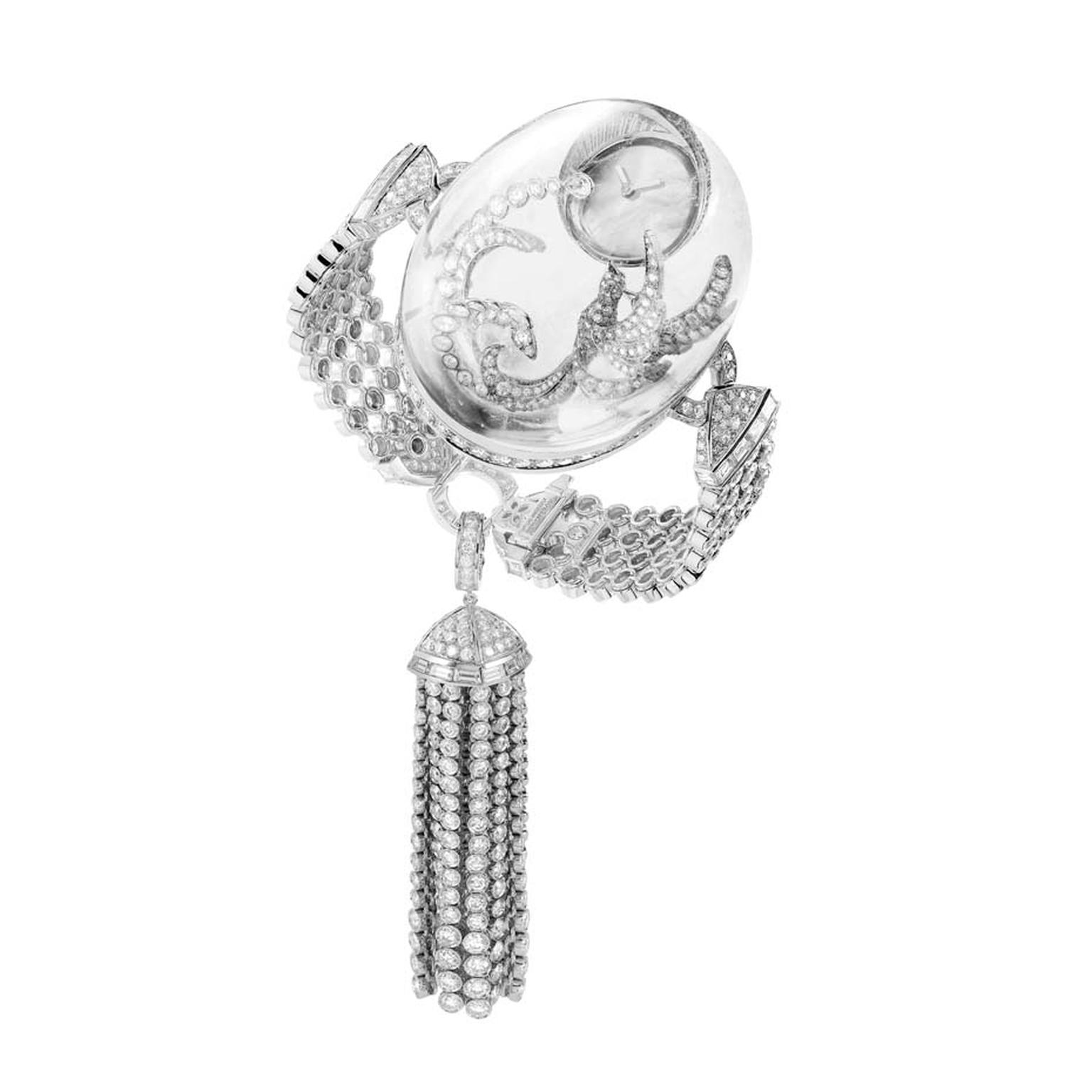 A three-dimensional rock crystal dome, carved from a solid piece of rock crystal, is a window into Boucheron's extraordinary Cristal de Lune jewellery watch, which will be appearing at the Biennale des Antiquaires in Paris this autumn.