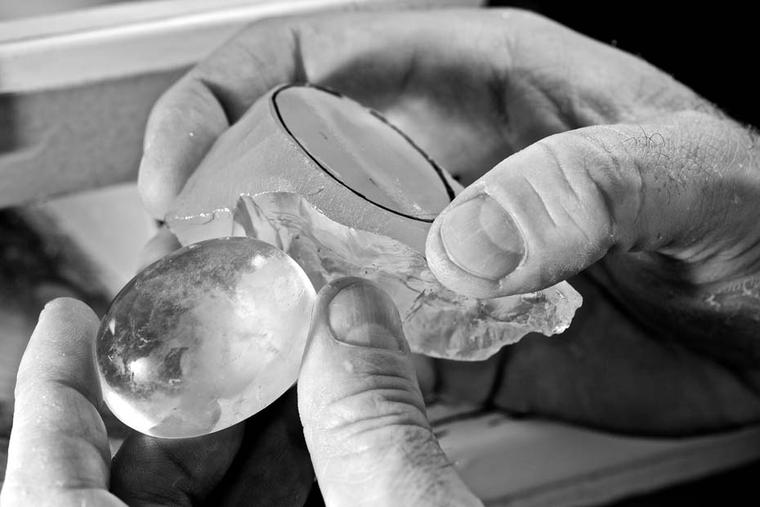 The raw rock crystal from which the domes that cover the front and reverse of Boucheron's Cristal de Lune jewellery watch were carved