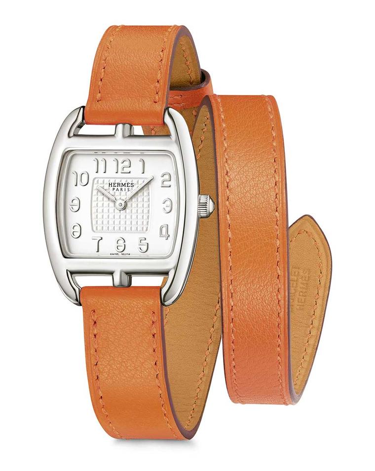 Also new for 2014 is the Hermès Cape Cod Tonneau in silver, with a double orange leather strap