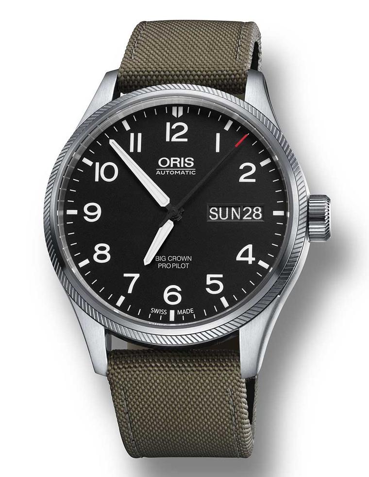 Oris has added a whole new line to its impressive collection of pilots' watches for 2014, including the automatic Big Crown ProPilot Date with a steel case, automatic movement, black dial and olive fabric strap