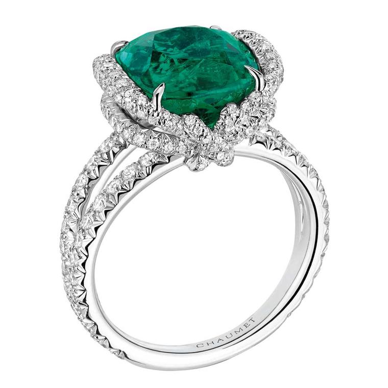 Chaumet Liens high jewellery ring in white gold featuring 147 brilliant-cut diamonds and a 6.42ct cushion-cut emerald