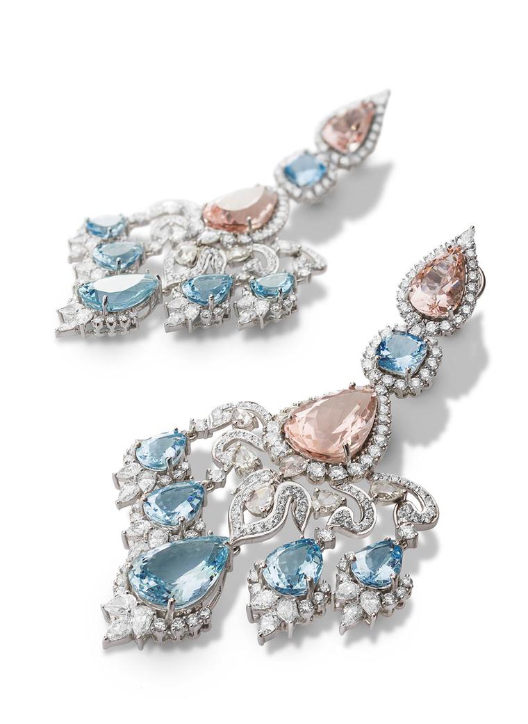 Farah Khan gold earrings featuring diamonds (16.76ct), aquamarine (31.50ct) and morganite (31.44ct).