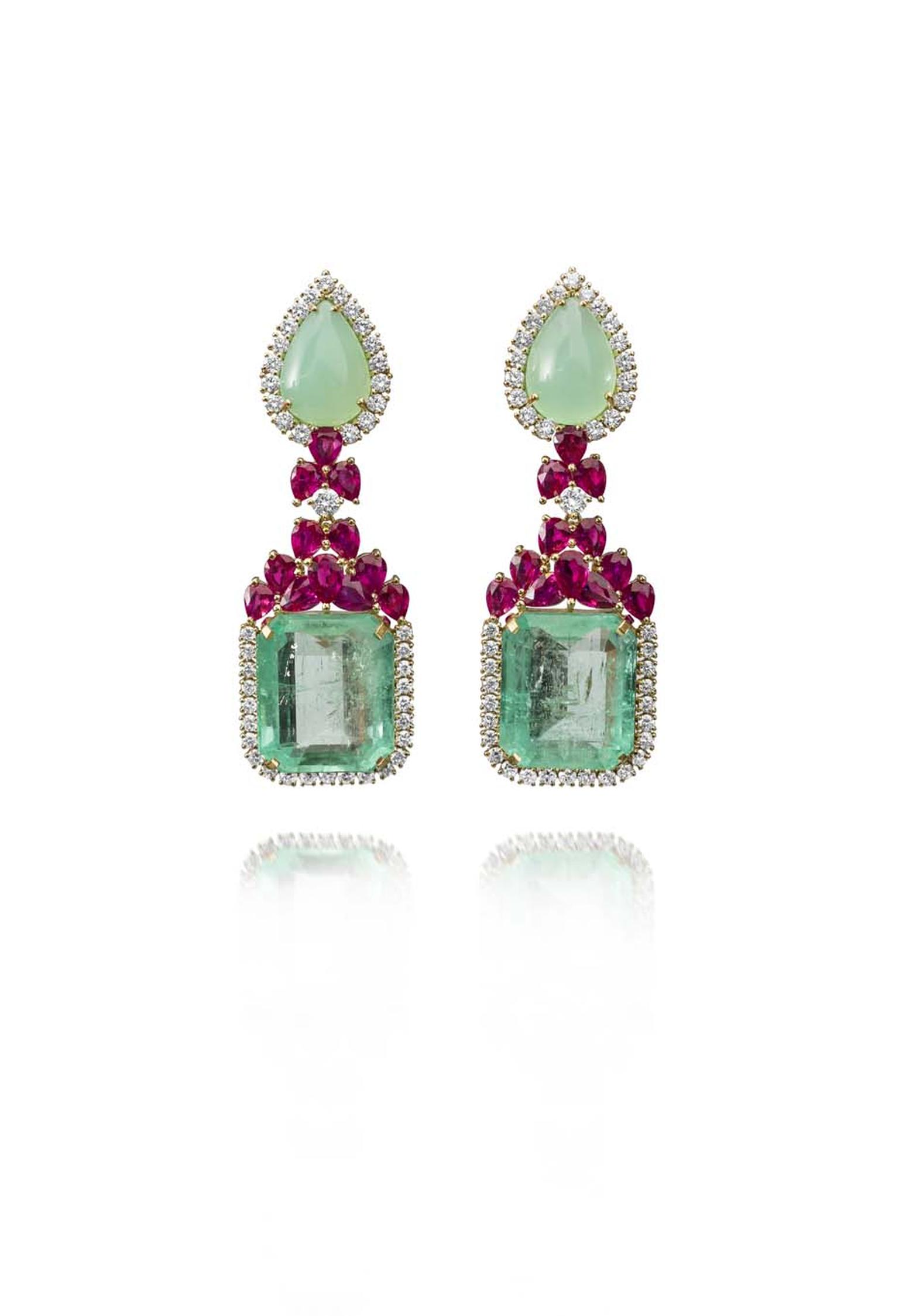 Farah Khan gold earrings featuring diamonds (3.46ct), rubies (9.02ct), chrysoprase (14.22ct) and emeralds (43.97ct).