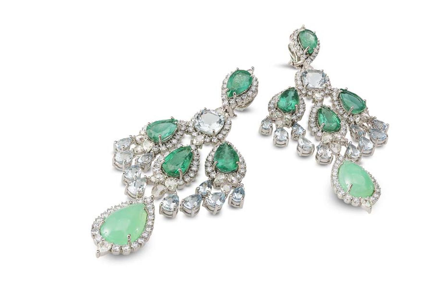 Farah Khan gold earrings featuring diamonds (11.03ct), chrysoprase (14.98ct), aquamarine (15.44ct) and emeralds (22.91ct).