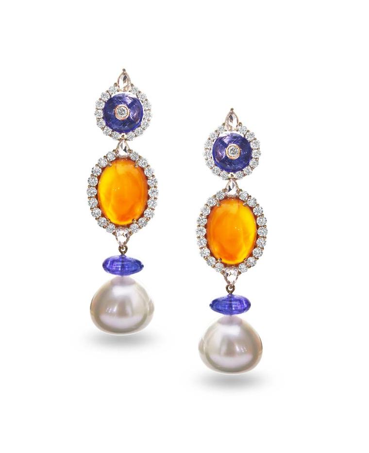 Farah Khan gold earrings featuring diamonds (4.54ct), tanzanites (16.30ct), carnelian (18.93ct) and South Sea pearls (50.09cts).