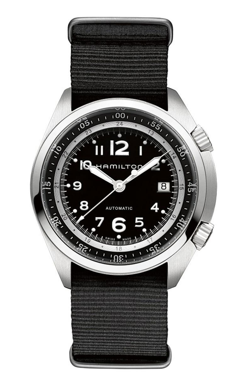 Hamilton's 80-hour power reserve steel Khaki Pilot Pioneer featuring a black NATO fabric strap.