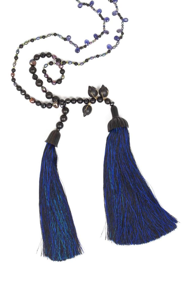 Alice CicoliniTriple Lotus Tassel Lariat featuring freshwater cultured pearls, sapphire and ebony beads, with three carved Indonesian ebony lotus buds, each end terminating in a carved ebony dome with a blue and black silk tassel.