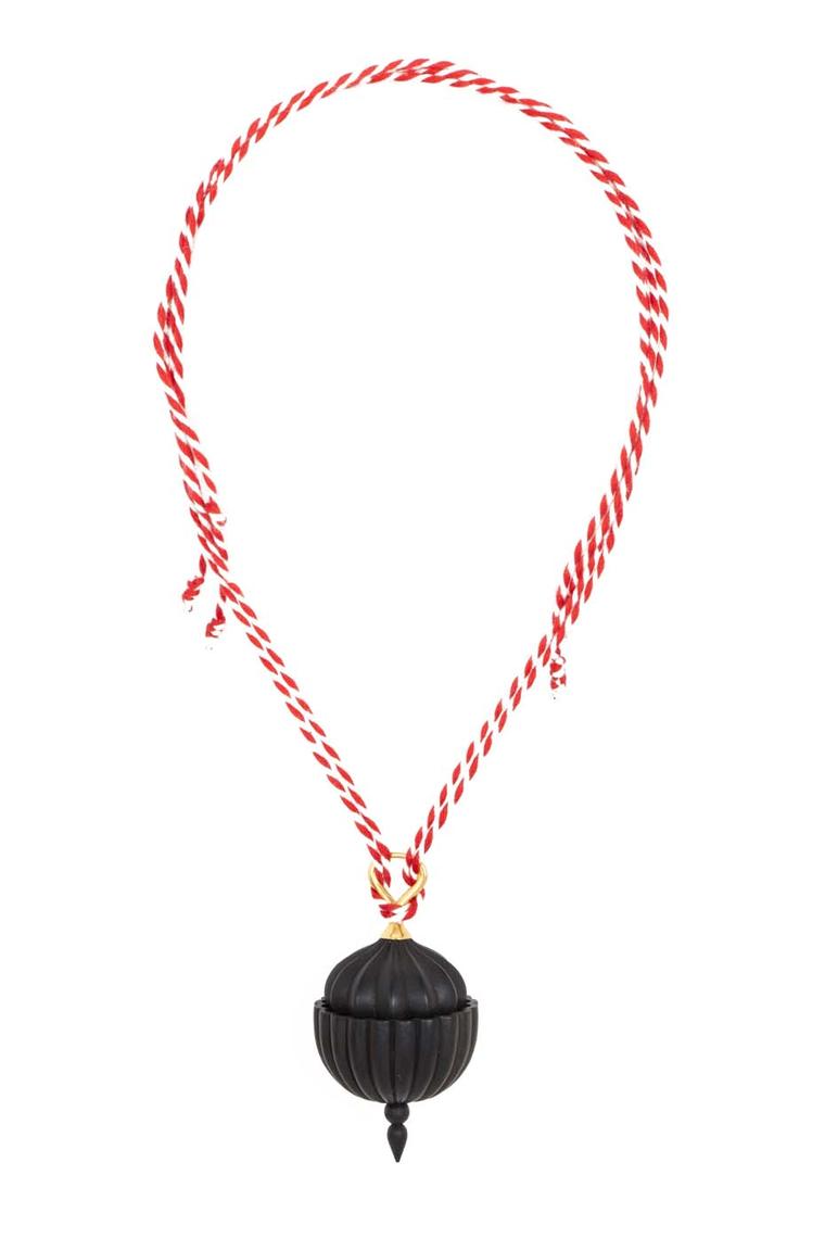 Alice Cicolini gold Double Temple Necklace features carved black ebony, fine white diamonds and a red silk cord.