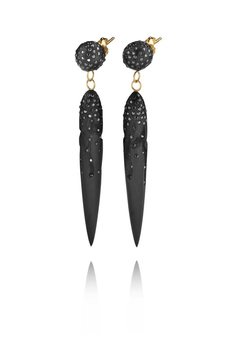 Jacqueline Cullen hand-carved Electro formed Whitby Jet earrings with gold granulation overlay, set with diamonds.