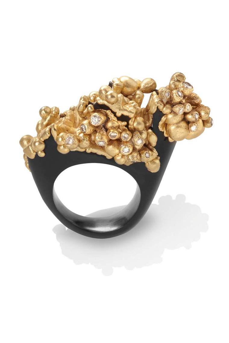 Jacqueline Cullen hand-carved Electro formed Whitby Jet ring with gold granulation overlay, set with champagne diamonds.