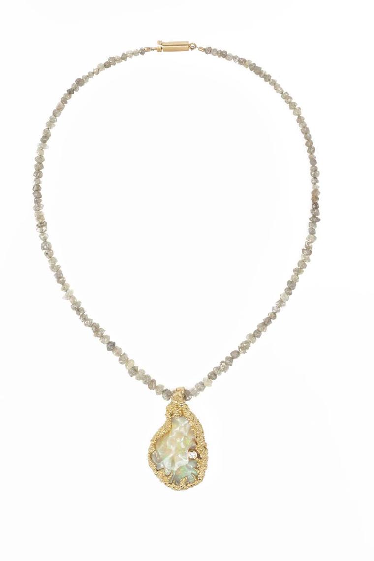 Ornella Iannuzzi Blue Nile Falls necklace featuring a hand-carved Wello opal (20ct) set in gold with a single brilliant-cut diamond.