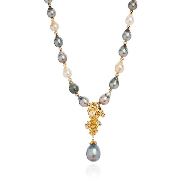 Ornella Iannuzzi Precious Trinity from the depth of Nature gold necklace featuring a Tahitian pearl set with three diamonds, and mounted with South Sea & Tahitian pearls.